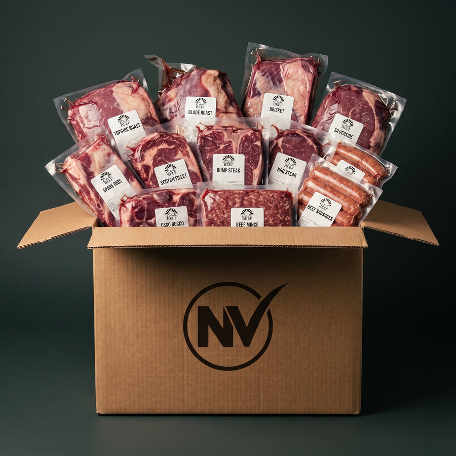 The Freezer Fill, Esk Beef packed in an NV box, every vacuum pack labelled