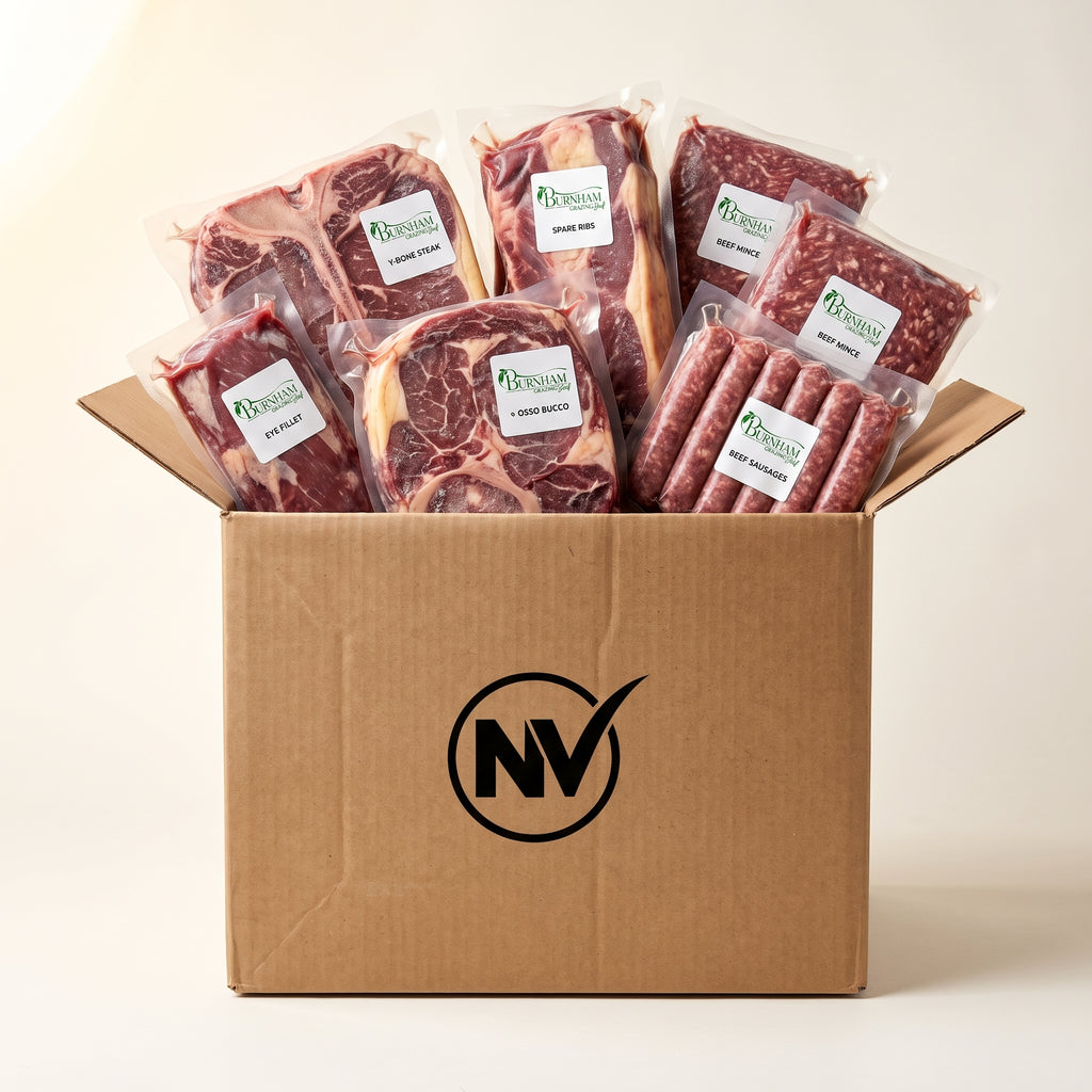 The Family Box, Burnham Grazing packed in an NV box, every vacuum pack labelled