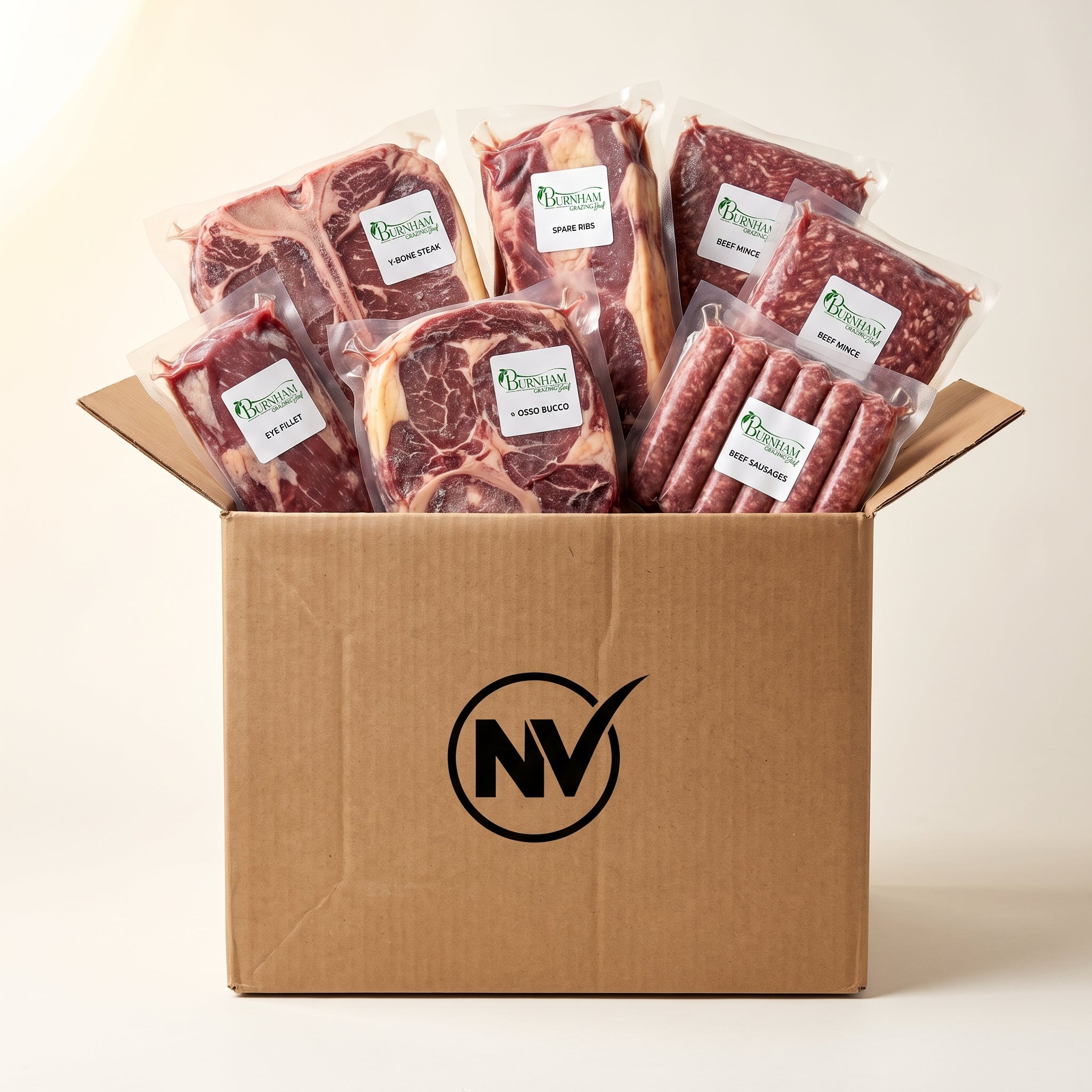 The Family Box, Burnham Grazing packed in an NV box, every vacuum pack labelled