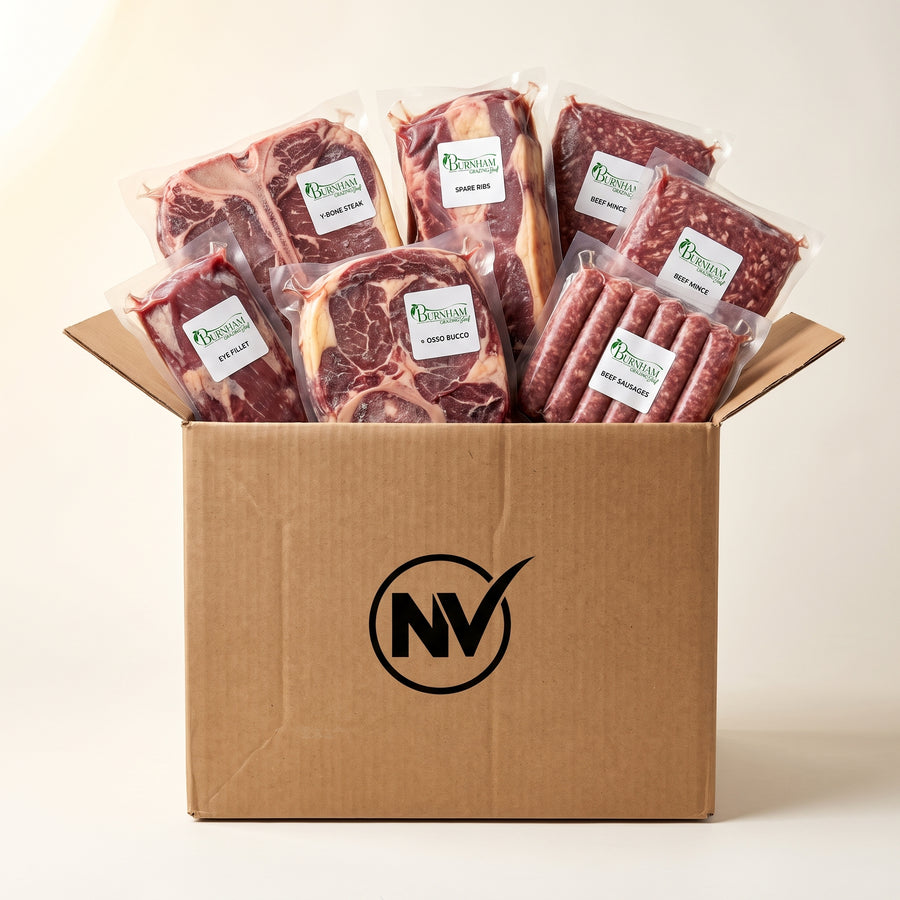 The Family Box, Burnham Grazing packed in an NV box, every vacuum pack labelled