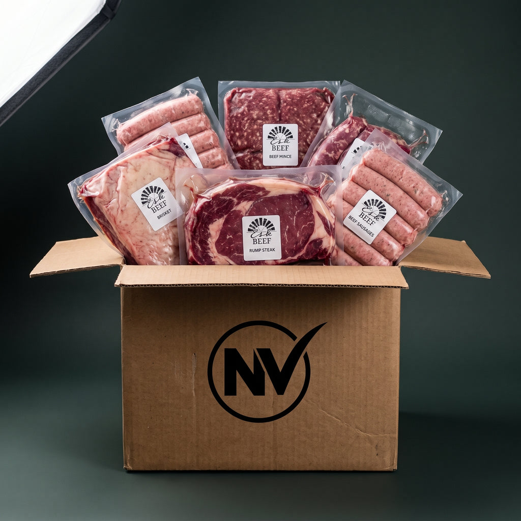 The Weeknight Box, Esk Beef packed in an NV box, every vacuum pack labelled