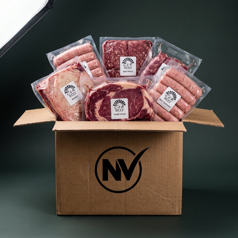 The Weeknight Box, Esk Beef packed in an NV box, every vacuum pack labelled