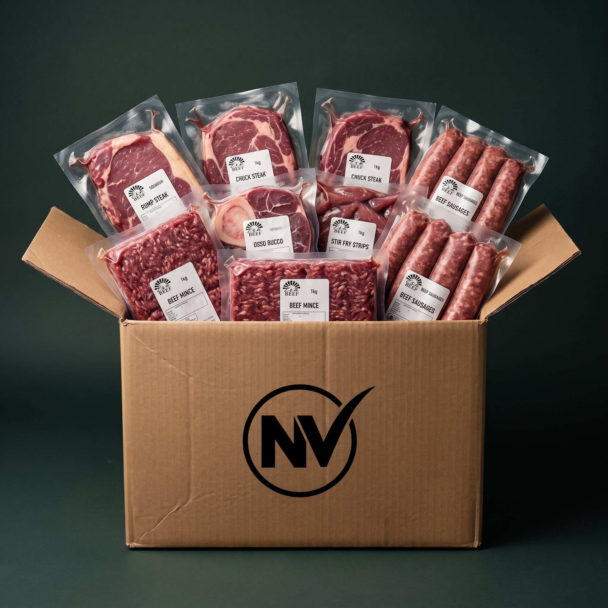 The Family Box, Esk Beef packed in an NV box, every vacuum pack labelled