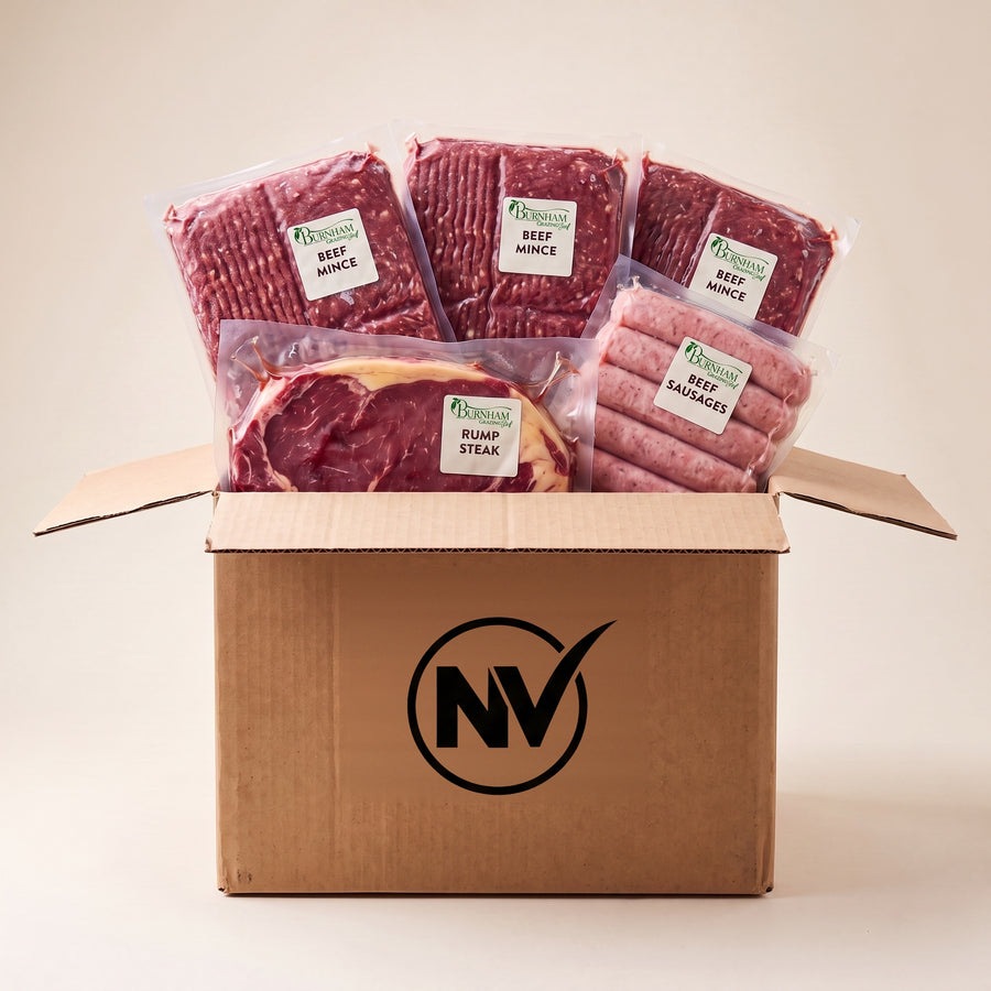 The Weeknight Box, Burnham Grazing packed in an NV box, every vacuum pack labelled