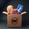 The Essentials Box: sourdough, a dozen Big Boys organic eggs and a kilo of mince in an NV box