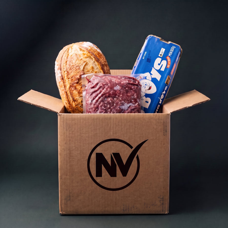 The Essentials Box: sourdough, a dozen Big Boys organic eggs and a kilo of mince in an NV box