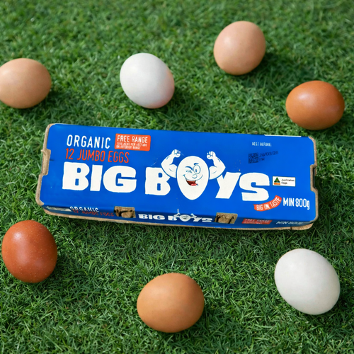 A dozen Big Boys jumbo organic eggs