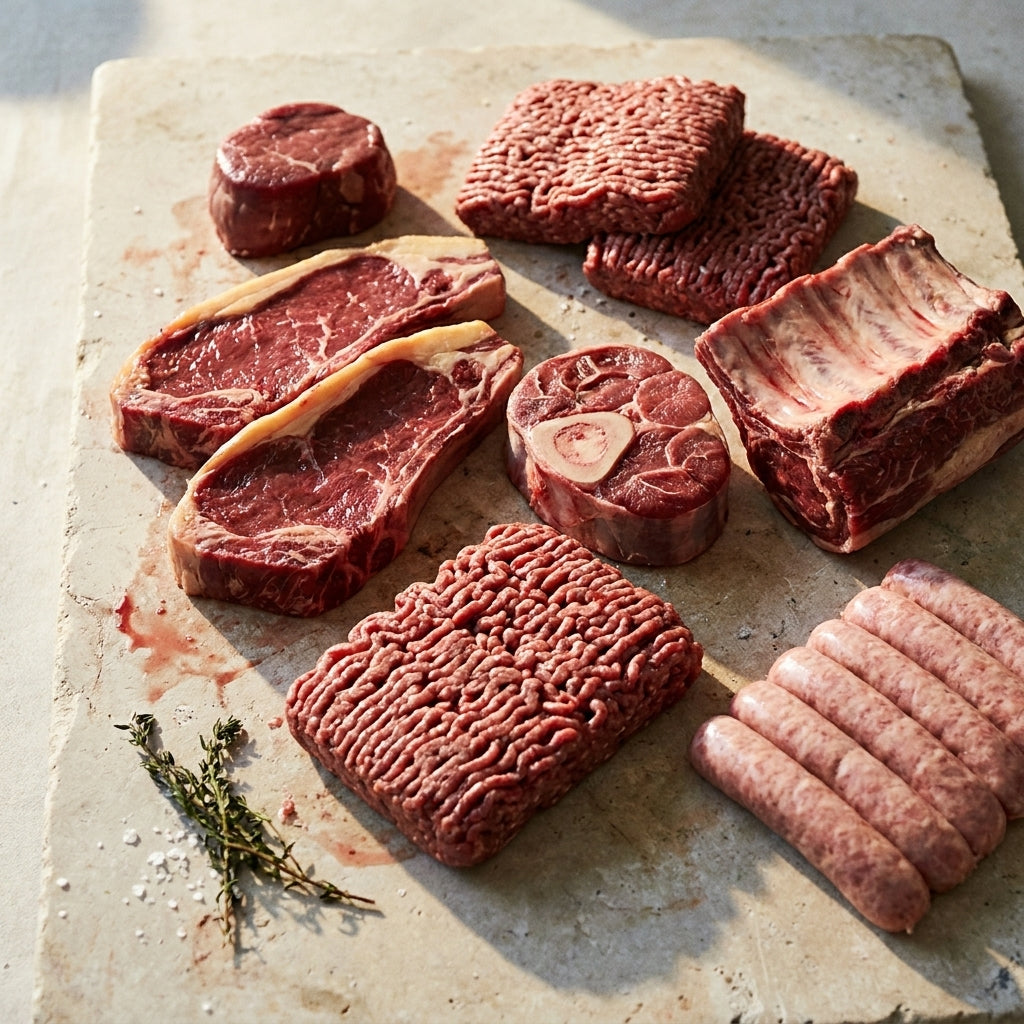 The Family Box from Burnham Grazing: eye fillet, two y-bone steaks, spare ribs, osso bucco, three kilos of mince and a pack of sausages on pale stone
