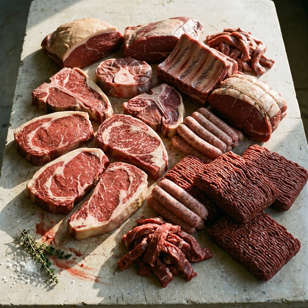 The Freezer Fill from Burnham Grazing: rump, rib fillet, a bone-in steak, silverside, brisket, ribs, a roast, mince and sausages on pale stone