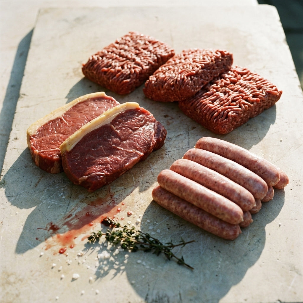 The Weeknight Box from Burnham Grazing: a rump steak, three kilos of mince and a pack of sausages on pale stone