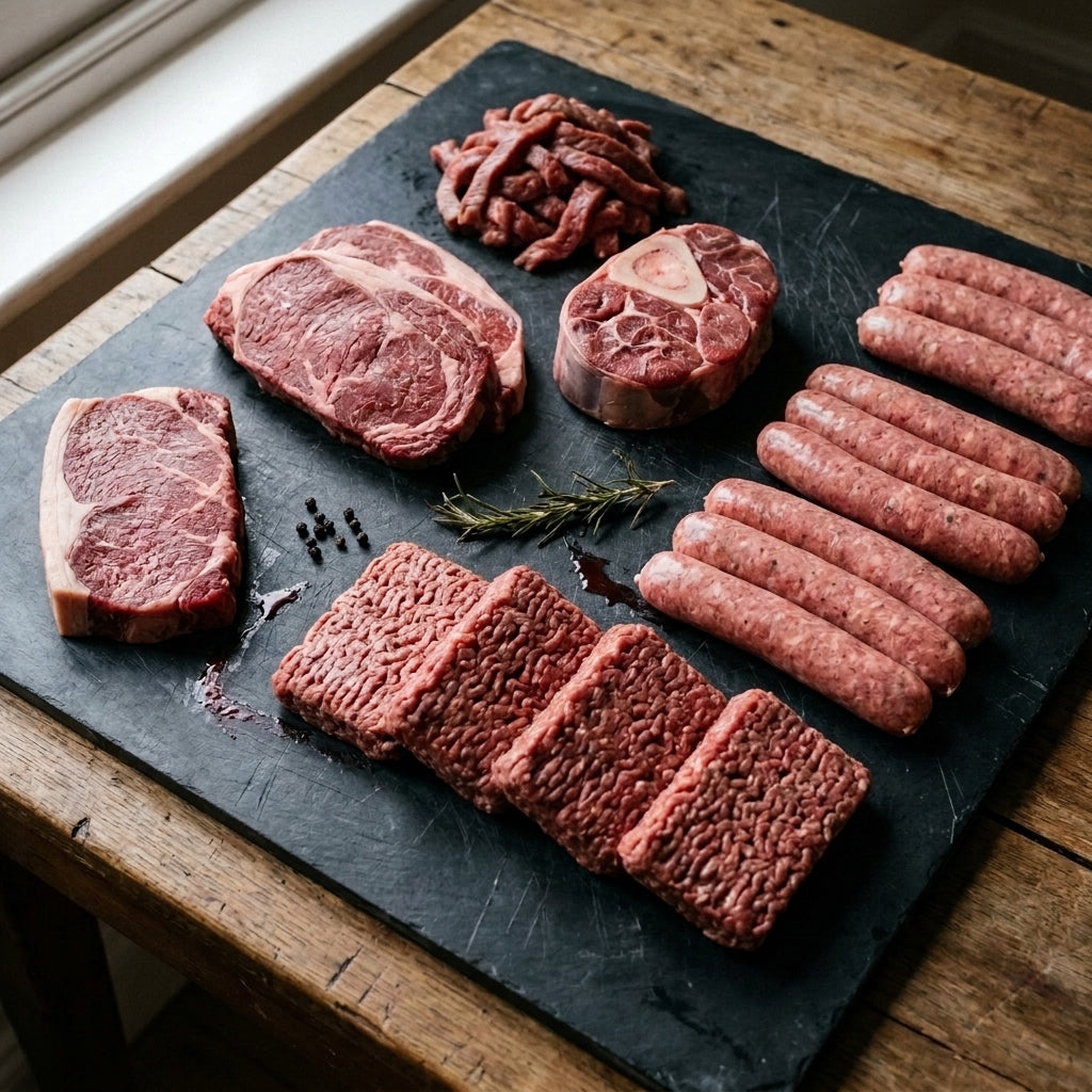 The Family Box from Esk Beef: rump, chuck steaks, osso bucco, stir fry strips, mince and sausages on a dark slate board