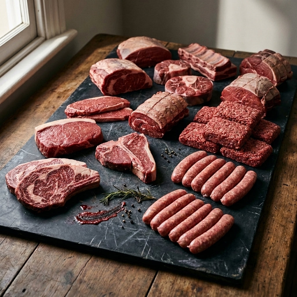 The Freezer Fill from Esk Beef: scotch fillet, rump, roasts, ribs, silverside, mince and sausages on a dark slate board