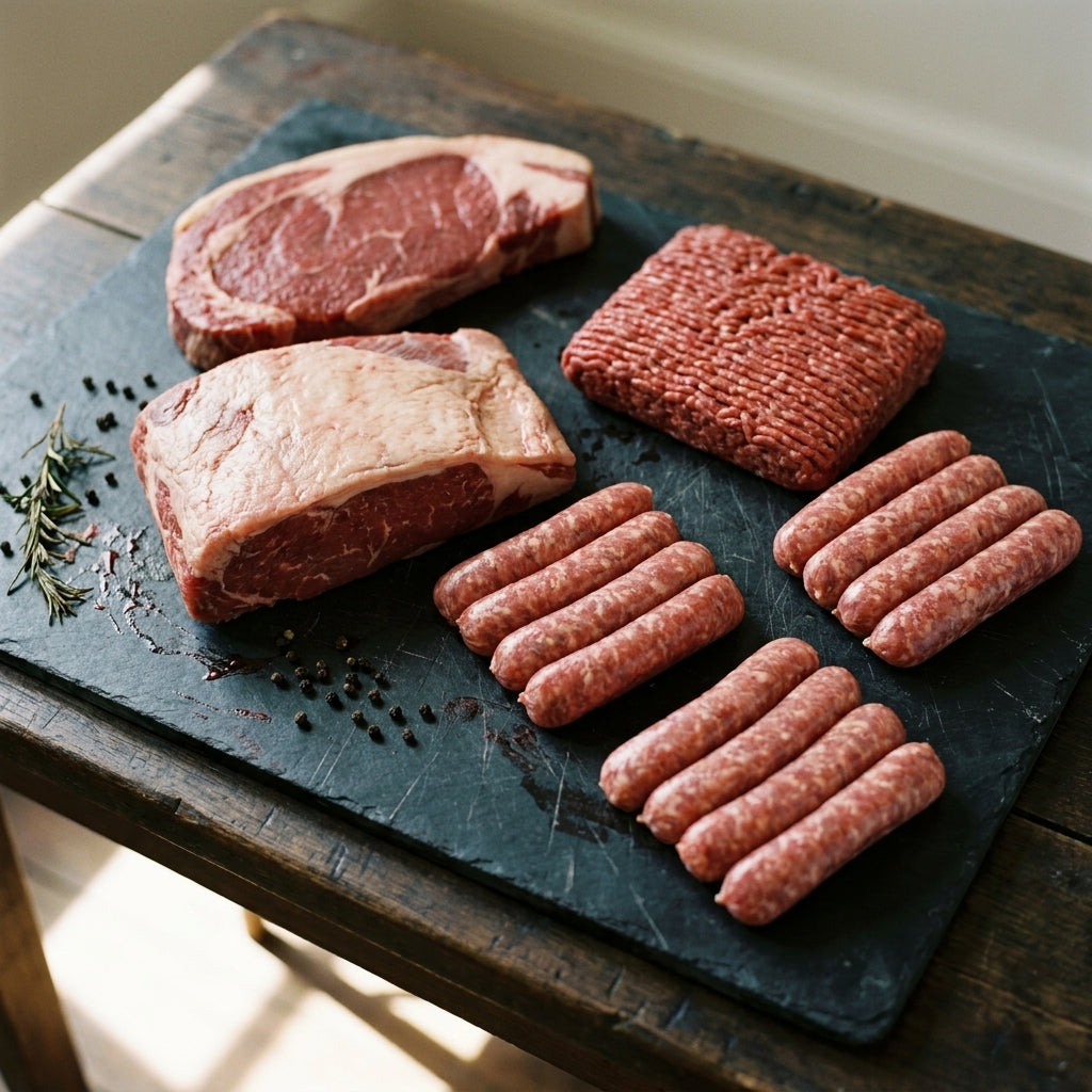 The Weeknight Box from Esk Beef: a rump steak, a brisket, mince and three packs of sausages on a dark slate board